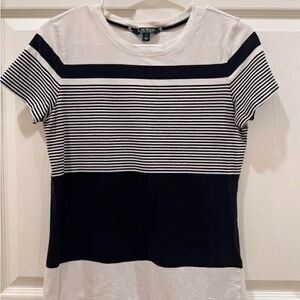 Lauren Ralph Lauren Womens Striped Knit Short Sleeve Crew Neck Tee White Black M